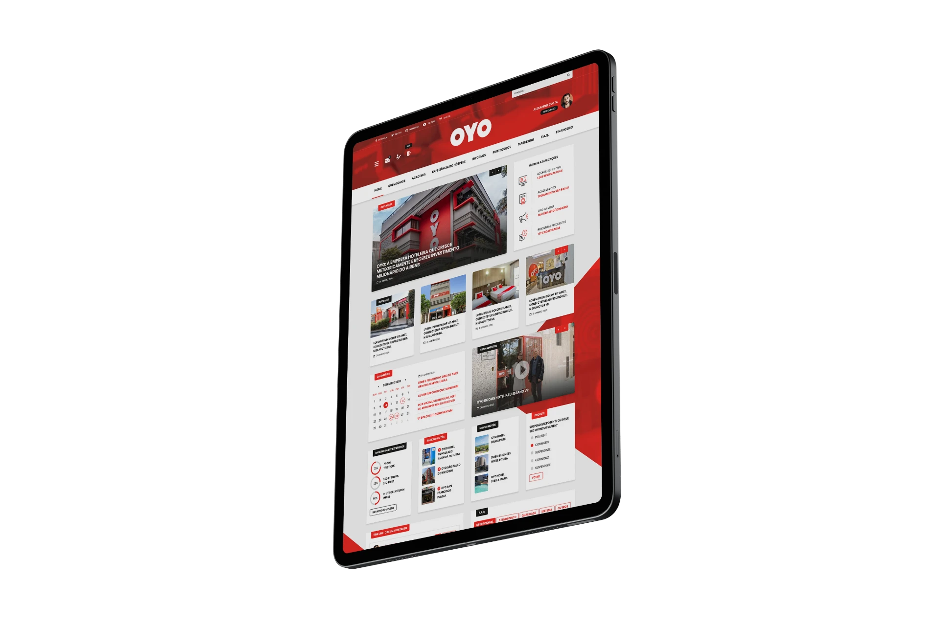 Intranet da Rede OYO exibida em um tablet